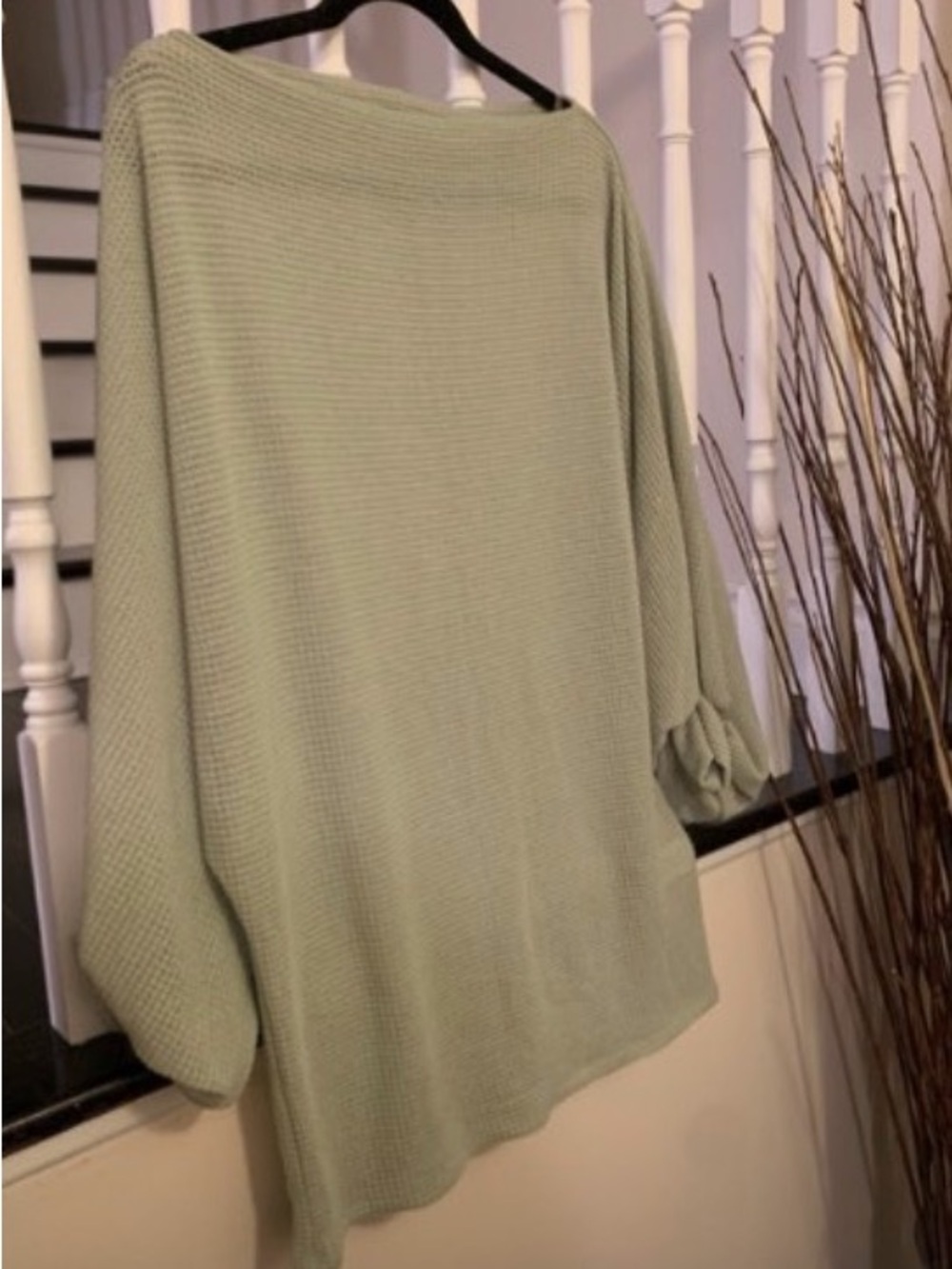 Off-Shoulder Waffle Knit Sweater in Sage Green